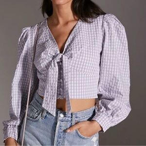 Maeve By Anthropology Lilac Gingham Cropped Blouse Spring Top Size 6